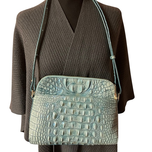 Brahmin Teal Duxbury Crocodile-Embossed Shoulder Bag w/ gold hardware. - Picture 2 of 11